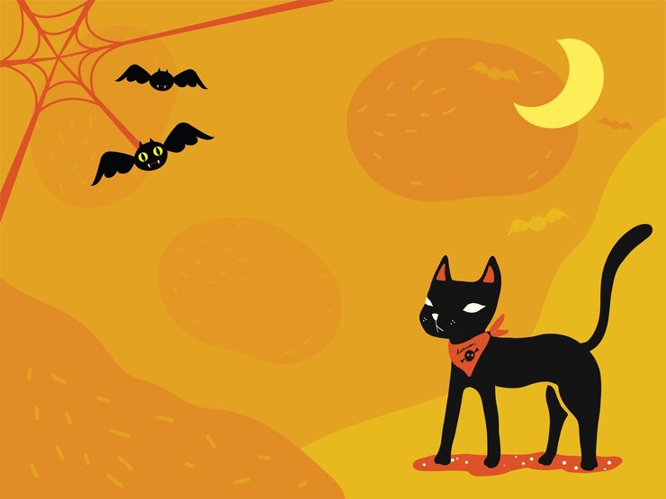 Fondo de pantalla de tema de Halloween: gato negro, tela de araña y murciélagos lindos