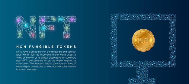 Fondo de pantalla de tokens no fungibles NFT con computadora conectada al nodo y moneda NFT de oro