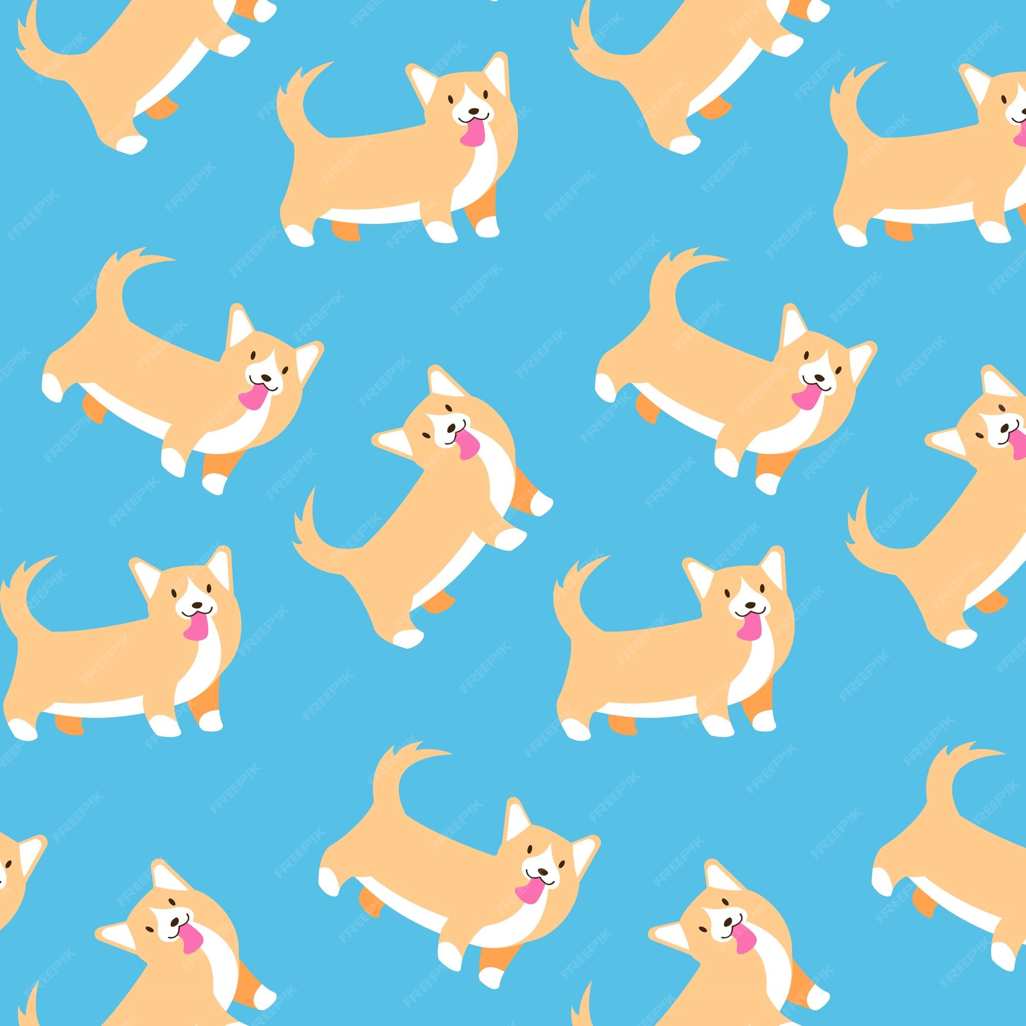 Fondo de pantalla de vector con alegres lindos perros corgi amarillos sobre  un fondo azul | Vector Premium