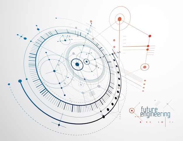 Fondo de pantalla de vector tecnológico de ingeniería hecho con círculos y líneas. la composición geométrica moderna se puede utilizar como plantilla y diseño. antecedentes técnicos abstractos.