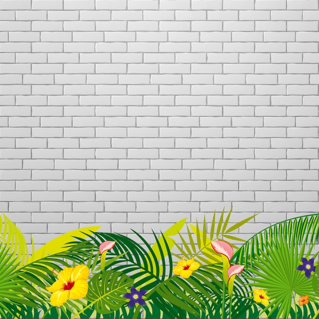 Vector fondo de pared de ladrillo blanco con hojas y flores tropicales