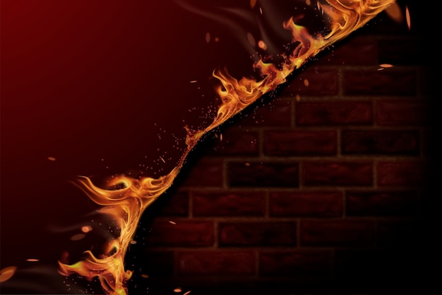 Fondo de pared de ladrillo rojo y fuego ardiente en ilustración 3d