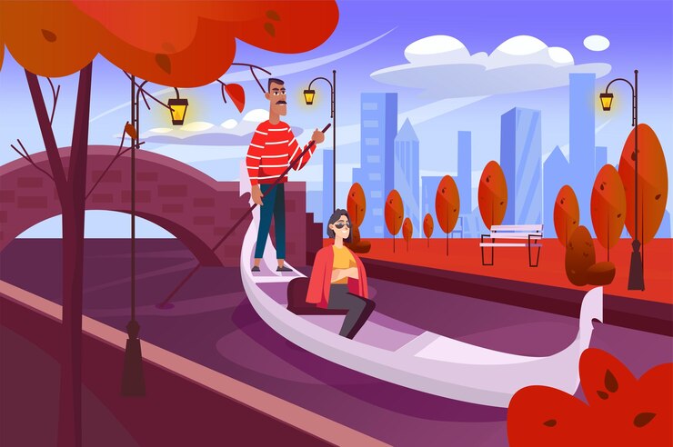 Vector fondo de parque de la ciudad de otoño en papel tapiz de diseño de dibujos animados planos con paisaje urbano de mujer que viaja