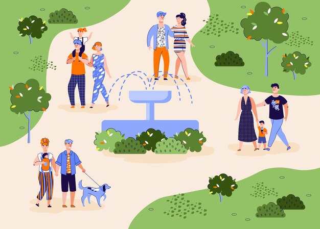 Fondo del parque de la ciudad con pasar el fin de semana al aire libre ilustración vectorial plana