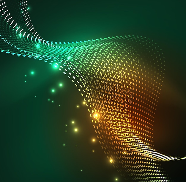 Fondo de partículas de onda vectorial Onda digital iluminada 3D de partículas brillantes Ilustración vectorial futurista y tecnológica Elemento moderno HUD