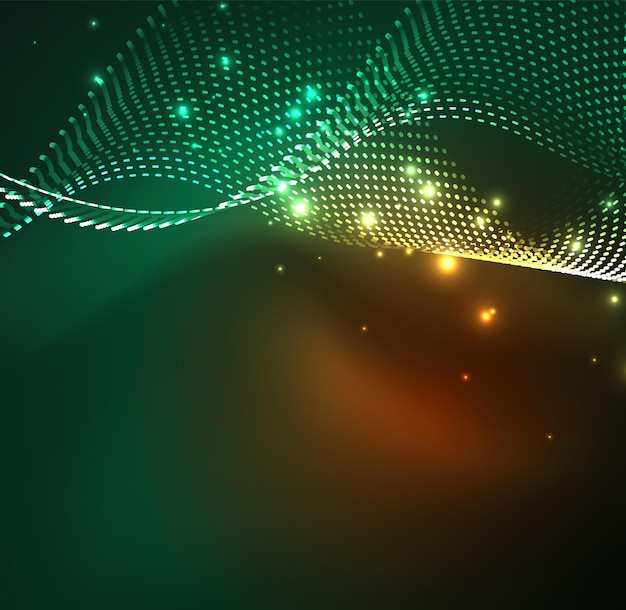 Fondo de partículas de onda vectorial Onda digital iluminada 3D de partículas brillantes Ilustración vectorial futurista y tecnológica Elemento moderno HUD
