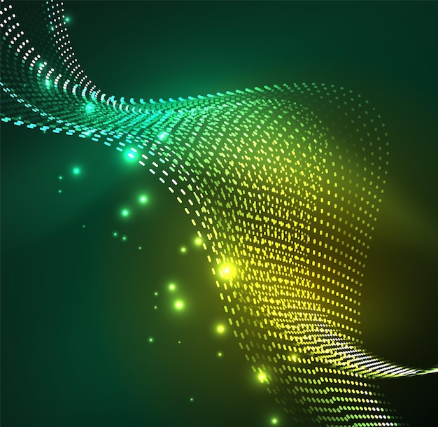 Fondo de partículas de onda vectorial Onda digital iluminada 3D de partículas brillantes Ilustración vectorial futurista y tecnológica Elemento moderno HUD