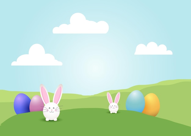 Fondo de Pascua con conejitos lindos y huevos de Pascua en un paisaje mínimo