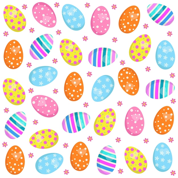 Fondo de Pascua sin costuras con coloridos huevos de Pascua y flores sobre un fondo blanco