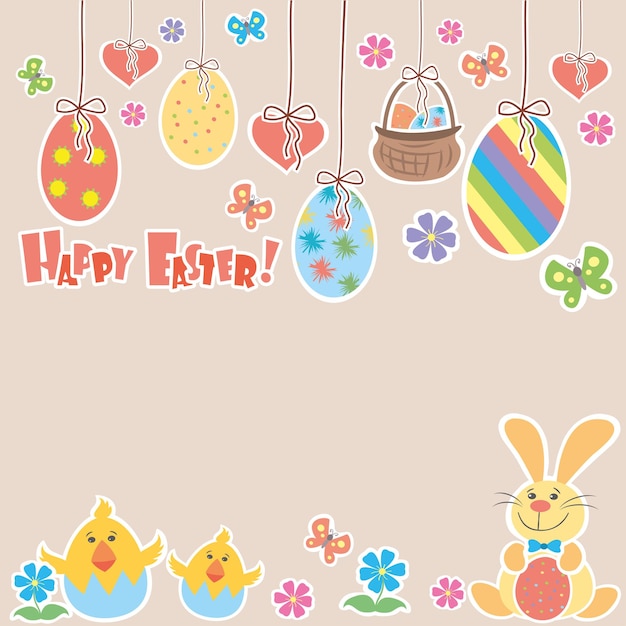 Fondo de Pascua con lindos huevos coloridos de conejo y un lugar de pollito para ilustración de vector de texto