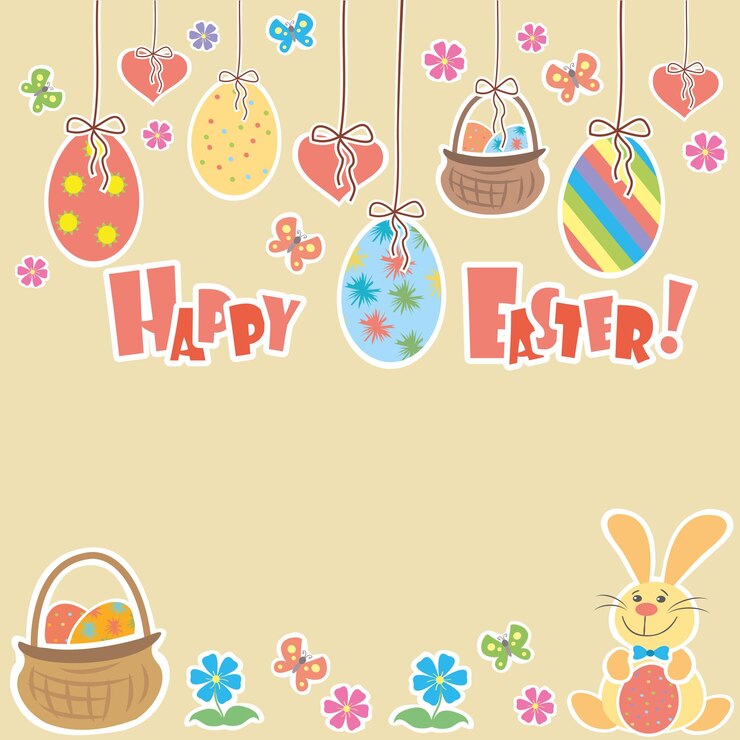 Vector fondo de pascua con lindos huevos coloridos de conejo y un lugar de pollito para ilustración de vector de texto
