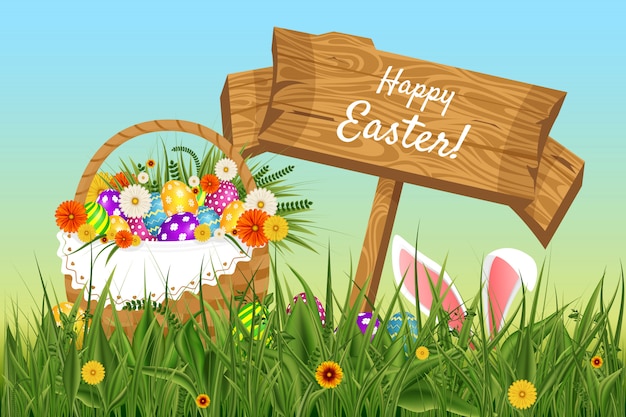 Fondo para la Pascua. Modelo. Orejas de conejo que sobresalen de la hierba. Placa de madera con el texto feliz Pascua que sobresale en la hierba con flores.