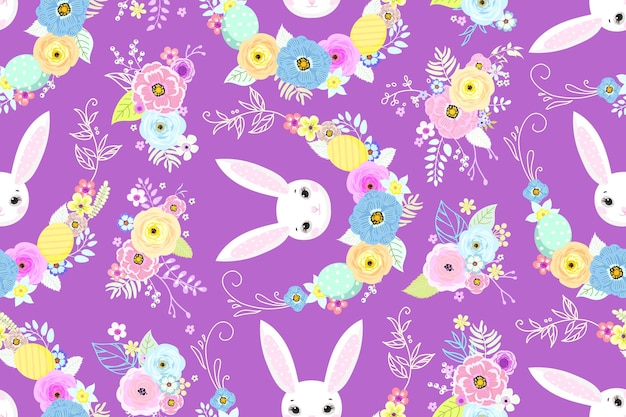 Fondo de Pascua de primavera con lindos conejitos, huevos y flores para papel tapiz y diseño de telas. Ilustración vectorial