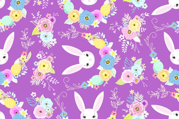 Fondo de pascua de primavera con lindos conejitos, huevos y flores para papel tapiz y diseño de telas. ilustración vectorial