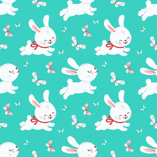 Fondo de pascua de primavera con lindos conejitos para papel tapiz y diseño de telas. vector