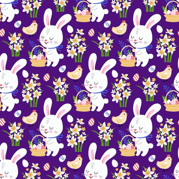 Fondo de pascua de primavera con lindos conejitos para papel tapiz y diseño de telas. vector