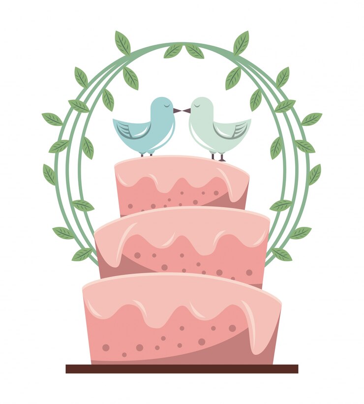 Vector fondo con pastel de bodas y palomas y decoración floral