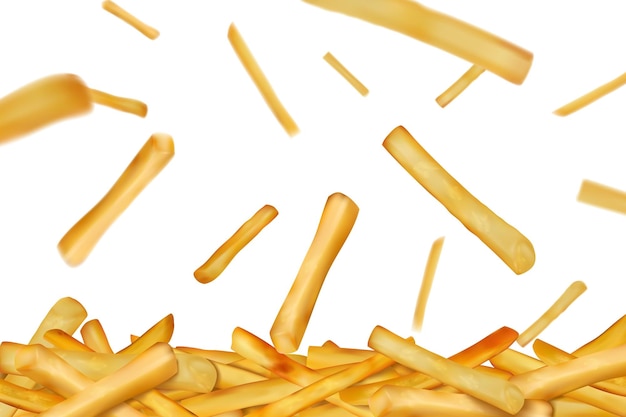 Fondo de patatas 3D patatas fritas piezas de verduras asadas que caen telón de fondo realista para paquetes de comida rápida papas fritas ingredientes para bocadillos comida chatarra menú de restaurante ilustración vectorial