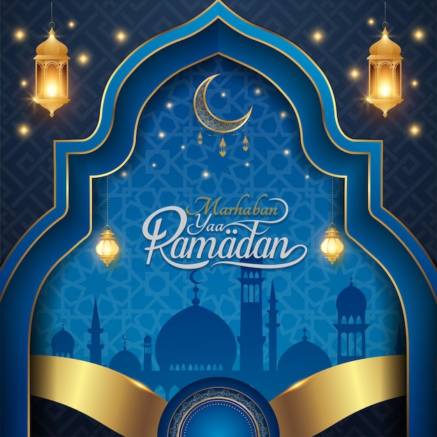 Fondo de patrón de arco islámico de lujo azul ramadan kareem