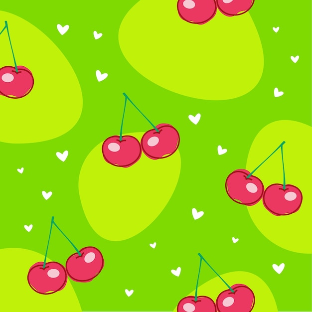 fondo de patrón brillante verde con cerezas y corazones