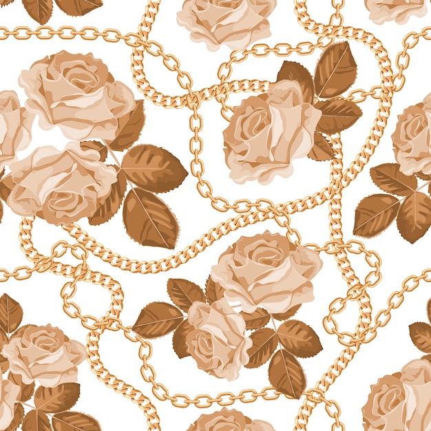 Fondo de patrón con cadenas de oro y rosas de color beige