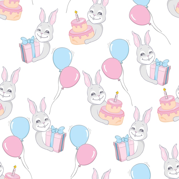 Fondo de patrón de conejo sin costuras conejito lindo feliz volando en el cielo entre globos de colores y nubes ilustración de vector de osos de liebre de dibujos animados para niños