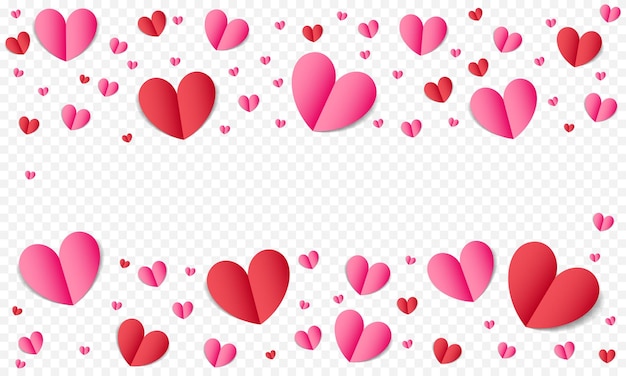 Fondo de patrón de corazones para el día de San Valentín o el romance de la boda y la tarjeta de felicitación Save the Date o la plantilla de invitación Papel vectorial San Valentín ama corazones de cumpleaños rojos rosados sobre fondo transparente