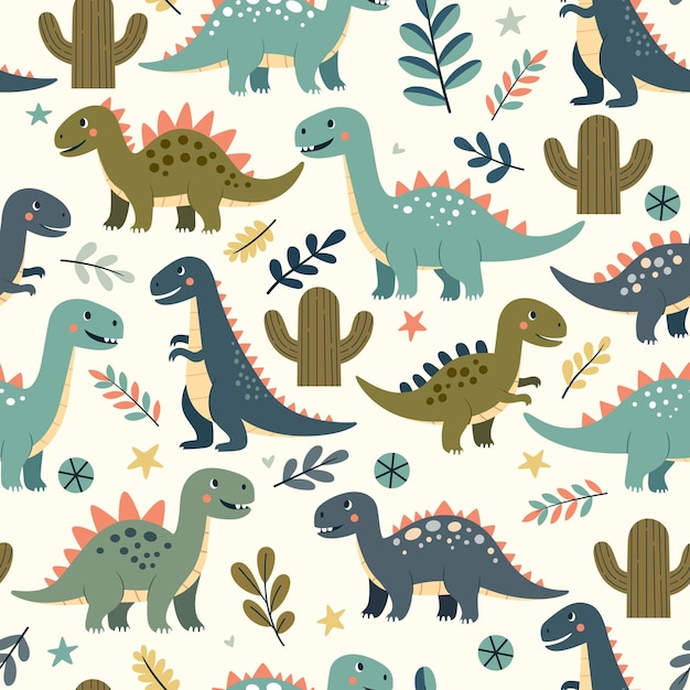 El fondo del patrón sin costuras de dibujos animados de dinosaurios mínimos
