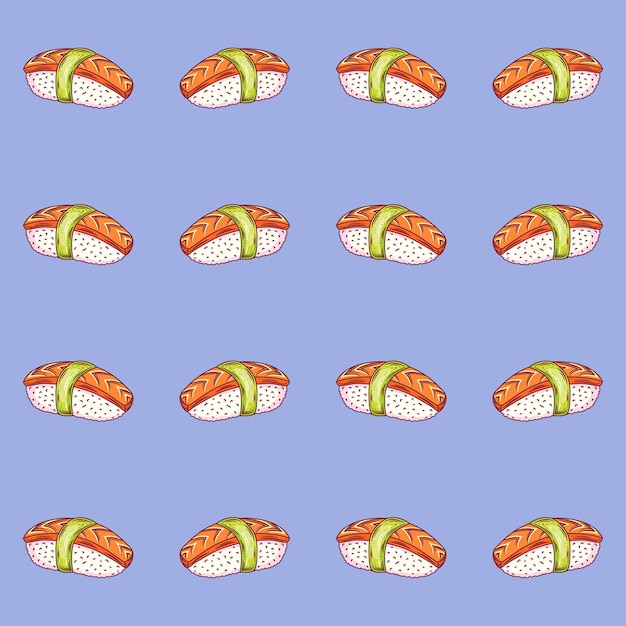 Fondo de patrón sin costuras con garabatos dibujados a mano de sushi lindo brillante Dibujo de contorno de comida asiática con fondo de pantalla de impresión de fondo de ilustración de vector de comida asiática de contorno