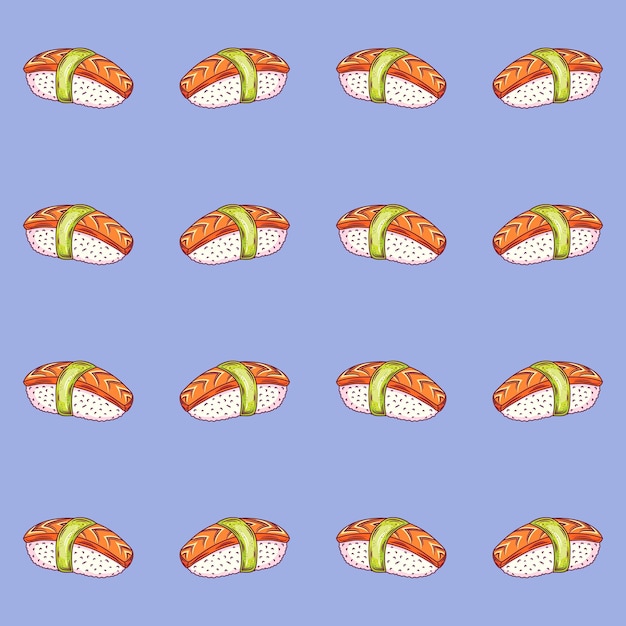 Fondo de patrón sin costuras con garabatos dibujados a mano de sushi lindo brillante Dibujo de contorno de comida asiática con fondo de pantalla de impresión de fondo de ilustración de vector de comida asiática de contorno