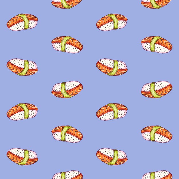 Fondo de patrón sin costuras con garabatos dibujados a mano de sushi lindo brillante Dibujo de contorno de comida asiática con fondo de pantalla de impresión de fondo de ilustración de vector de comida asiática de contorno