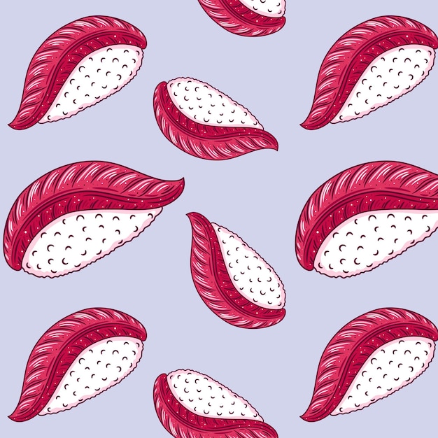 Fondo de patrón sin costuras con garabatos dibujados a mano de sushi lindo brillante dibujo de contorno de comida asiática con fondo de pantalla de impresión de fondo de ilustración de vector de comida asiática de contorno