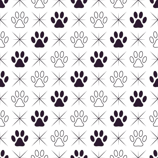 Fondo de patrón sin costuras con huellas de mascotas caseras en cuadrícula diagonal con estrellas diminutas