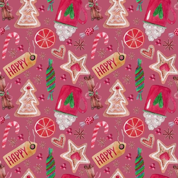 Fondo de patrón sin costuras Navidad año nuevo galletas de especias dulces caramelos de cacao verdes en rosa