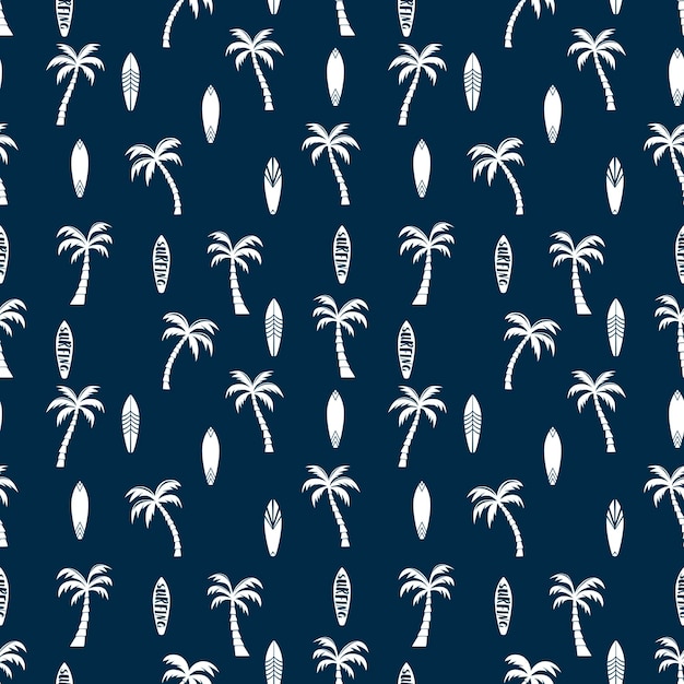 Fondo de patrón sin costuras vectorial botánico con palmeras y surf