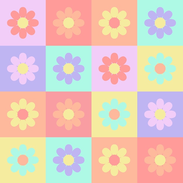 Fondo de patrón con cuadrados amarillos azules rosados y flores en estilo hippiex9