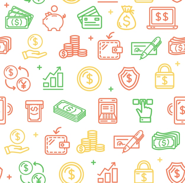 Fondo de patrón de símbolos y signos de finanzas de dinero en un vector blanco