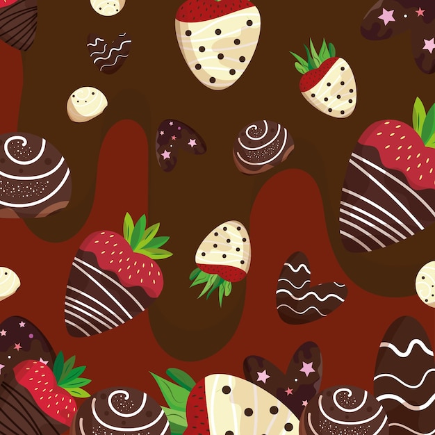 Fondo de patrón transparente de color con fresas con chocolate Vector