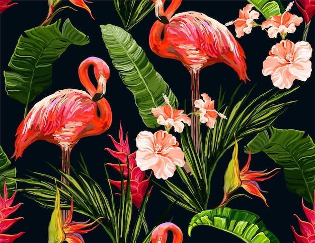 Fondo de patrón de verano floral transparente con hojas de palmeras tropicales flamingo heliconia pájaro