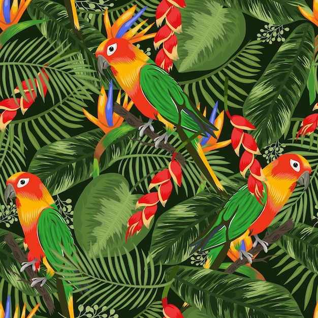 Fondo de patrón de verano floral de vector transparente con hojas de palmeras tropicales y loro