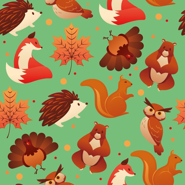 Fondo de patrones sin fisuras de otoño con diferentes animales Vector