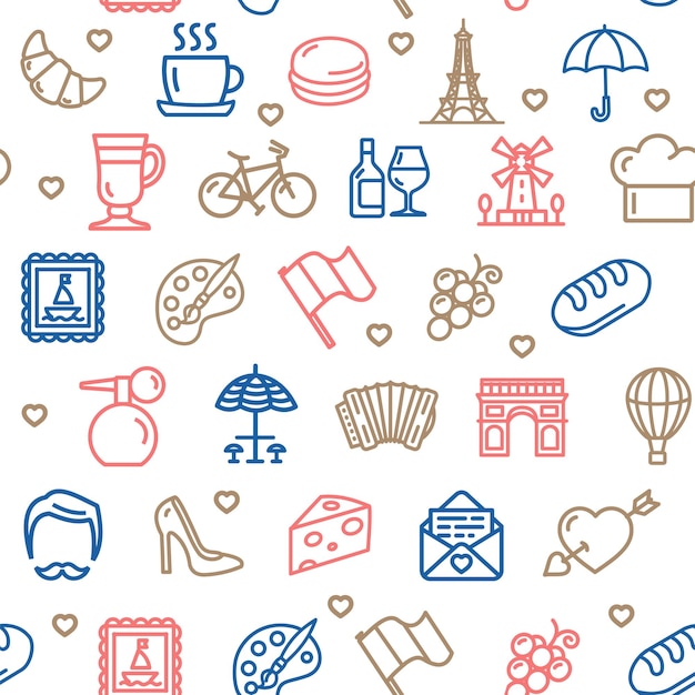 Fondo de patrones sin fisuras de viajes de Francia en un vector blanco