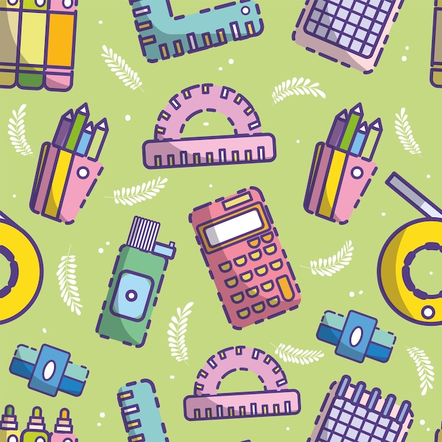 FONDO DE PATRONES TIERNOS DE ICONOS ESCOLARES MULTICOLOR DECORADOS CON HOJAS