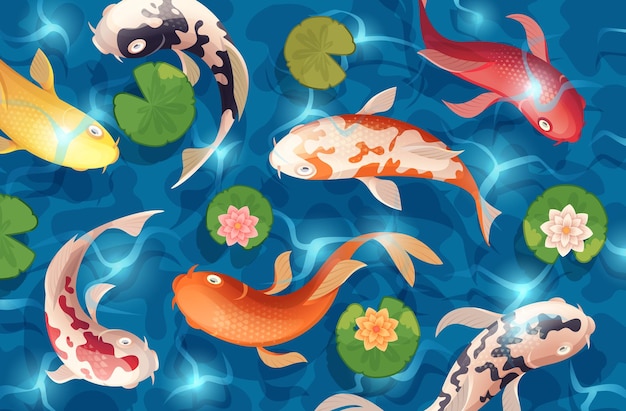 Fondo de peces Koi Animales que nadan en el agua al estilo de dibujos animados Vector exacto plantilla de peces asiáticos