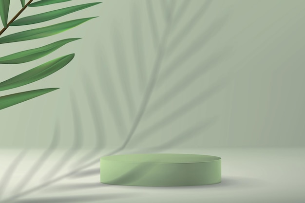 Fondo con pedestal vacío para exponer el producto en estilo minimalista con planta de palmera y sombra en verde pastel.