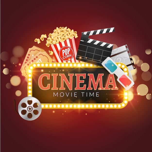 Fondo de película de cine. Palomitas de maíz, tira de película, tablilla, entradas. Fondo de tiempo de película