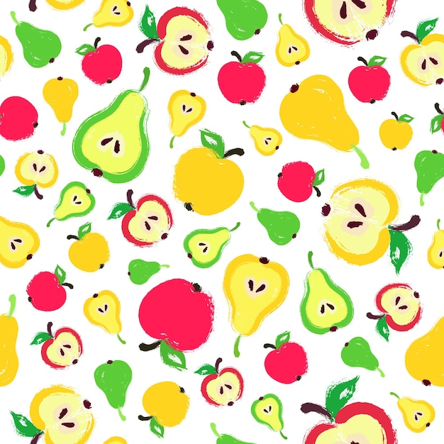 Fondo de pera de manzana Patrón pintado de frutas Decoración caótica sin costuras para papel tapiz de cocina Impresión de carteles Muebles textiles Tela de moda Rodajas de frutas brillantes Ilustración vectorial Hojas semillas