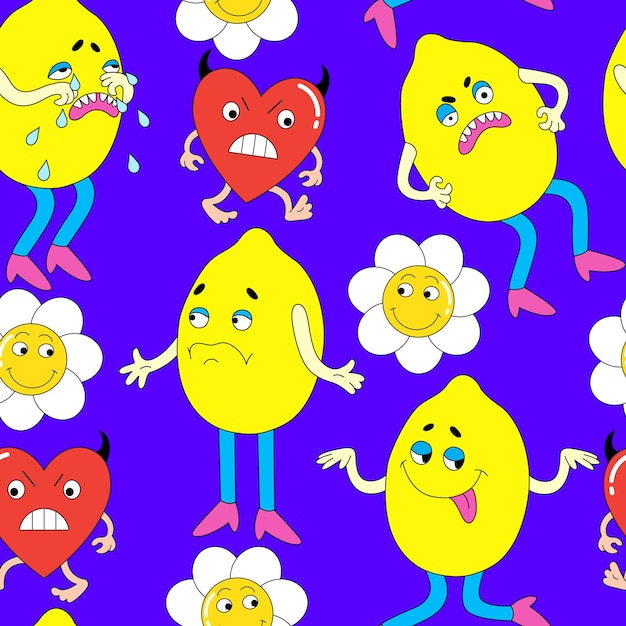 Fondo con personajes divertidos Patrón de vector transparente brillante con una flor de manzanilla de limón de corazón en un estilo plano de dibujos animados retro de moda