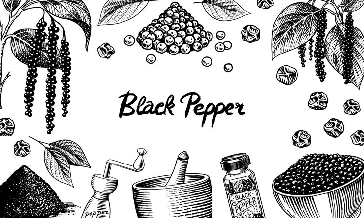 Vector fondo de pimienta negra en estilo vintage mortero y maja pimienta de jamaica o grano de pimienta molino y semillas secas un montón de especias conjunto de condimentos de hierbas bosquejo vectorial dibujado a mano grabado para cartel