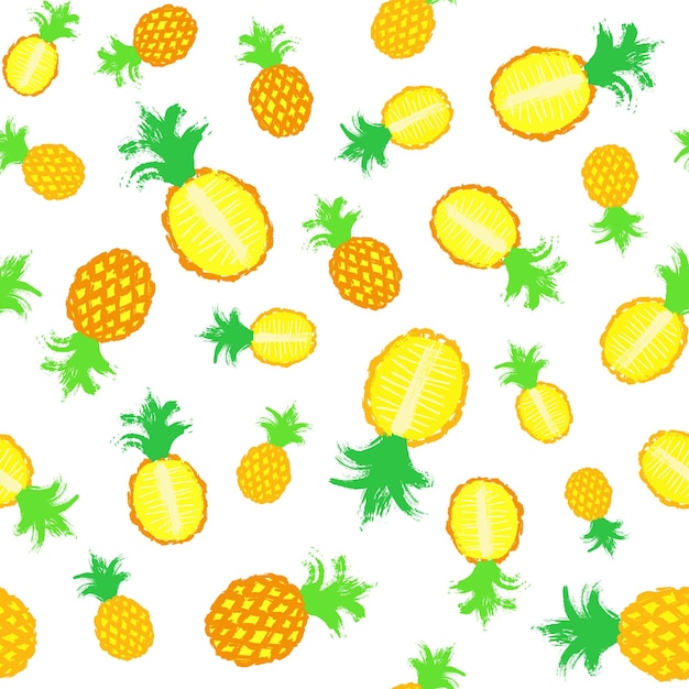 Fondo de piña Patrón pintado de fruta Decoración caótica sin costuras para papel tapiz de cocina impresión de carteles muebles textiles tela de moda Comida en rodajas brillantes Ilustración vectorial